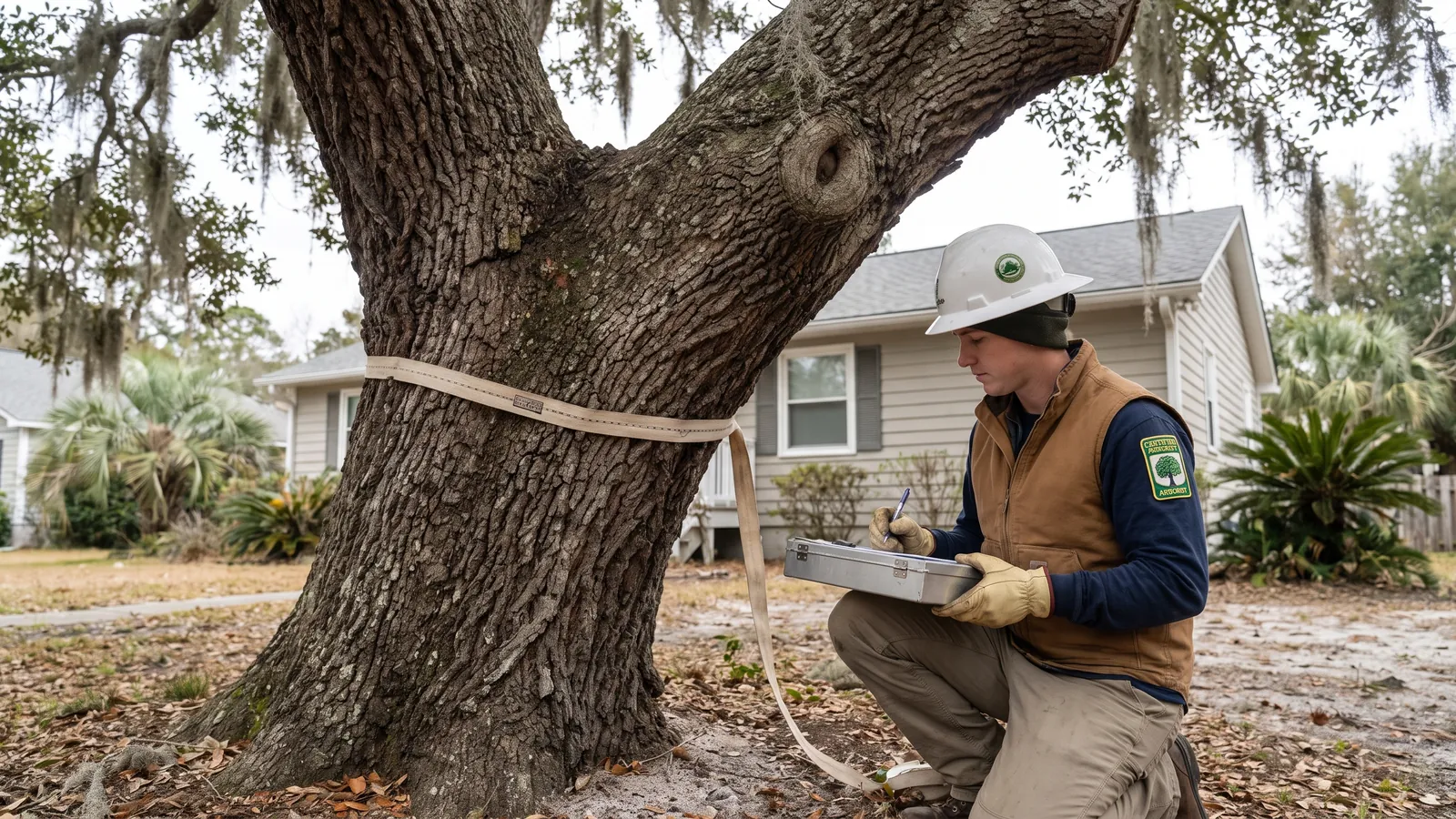 Certified arborist measuring the trunk diameter of a large live oak with a diameter tape in a Surfside Beach yard