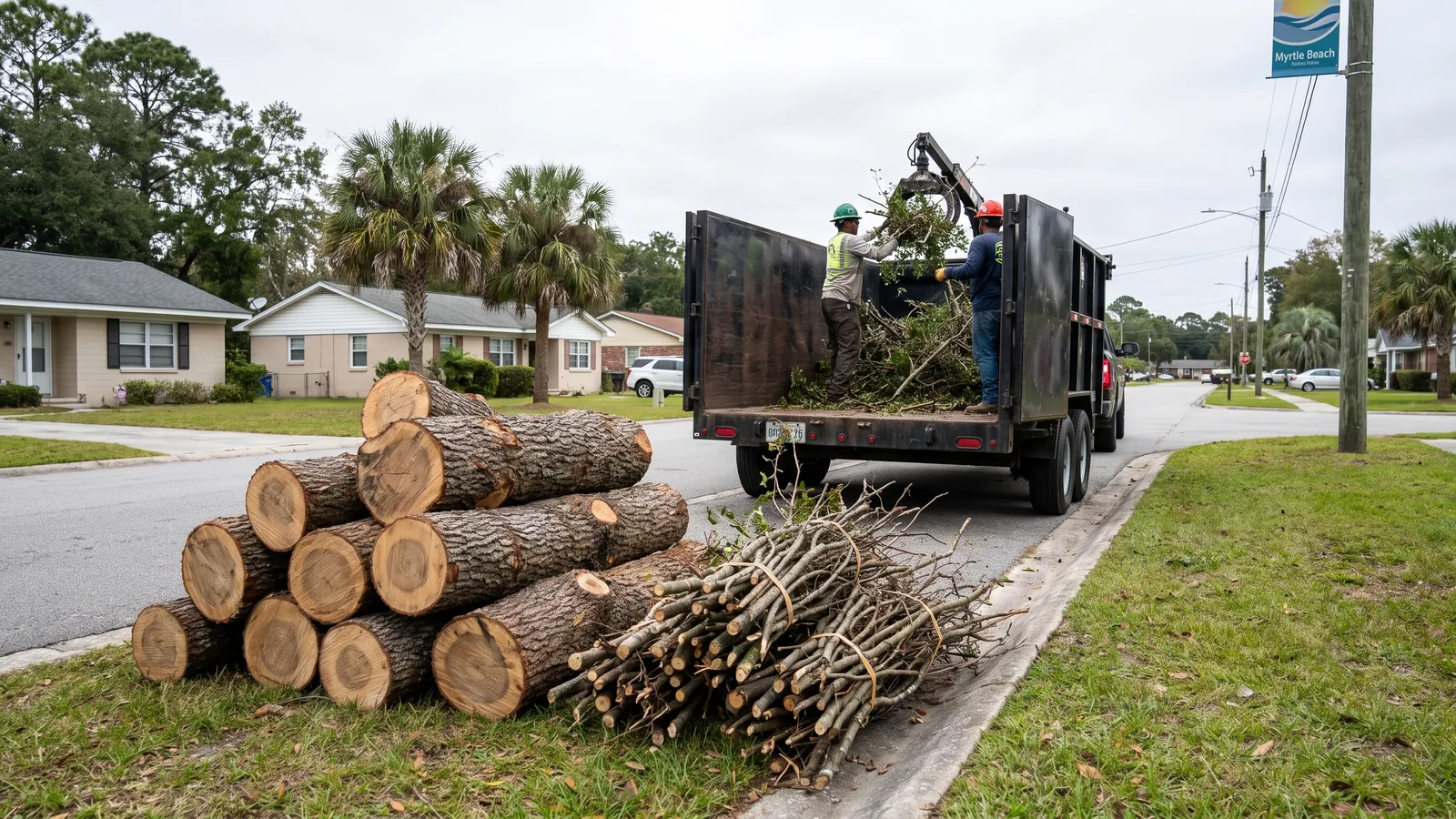 Cut oak logs and bundled branches at the curb being loaded into a dump trailer in a Myrtle Beach neighborhood