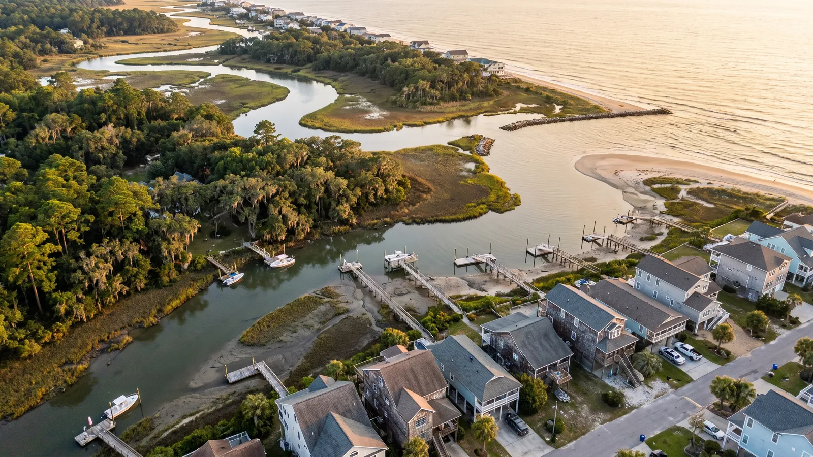 Aerial view of a saltmarsh creek lined with live oaks and pines meeting beach homes and the Atlantic at Murrells Inlet