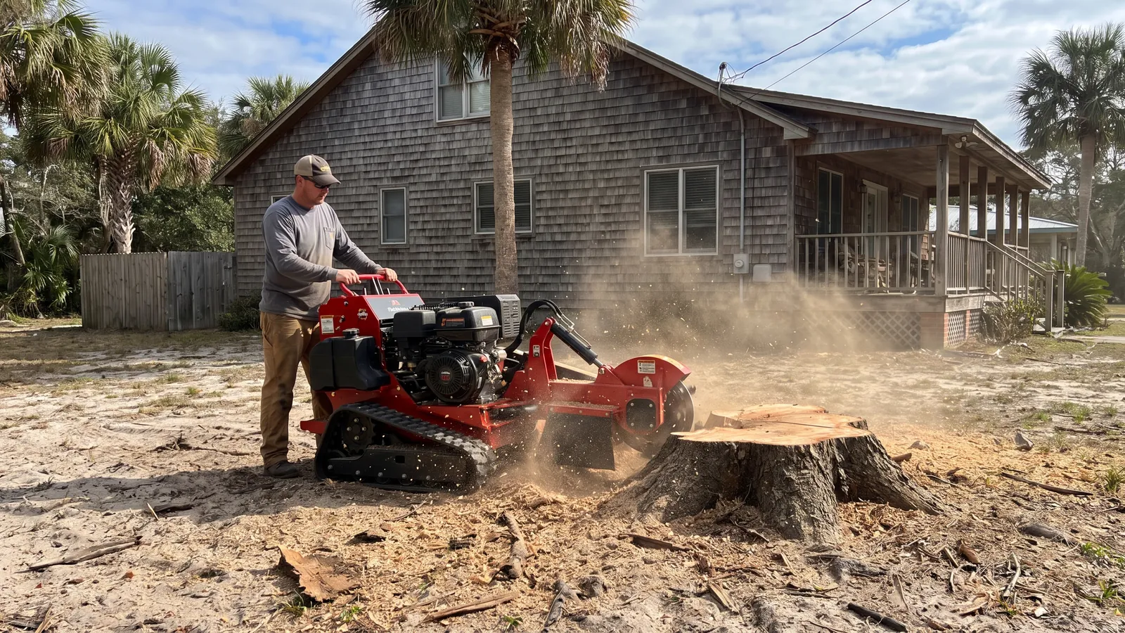 Tracked stump grinder working an oak stump in the sandy front yard of a South Carolina beach-town home